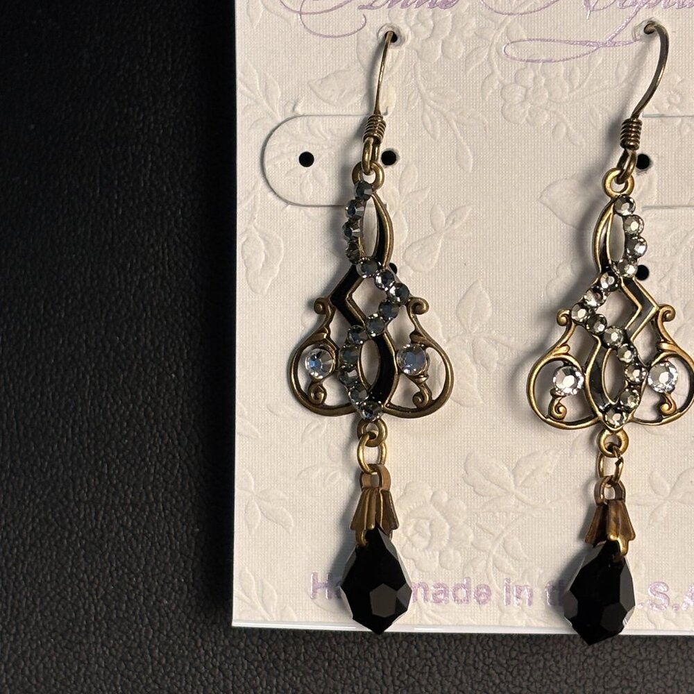 NEW Anne Koplik Art Nouveau swirl earrings, bronze, crystal w faceted black drop
